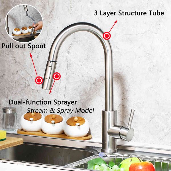 

kitchen faucets touch control stainless steel smart sensor 2 ways mixer pull down sink tap alxd