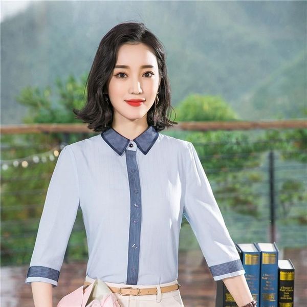 

women's blouses & shirts half sleeve elegant blue formal and business women fashion casual chiffon blouse ladies office clothes, White