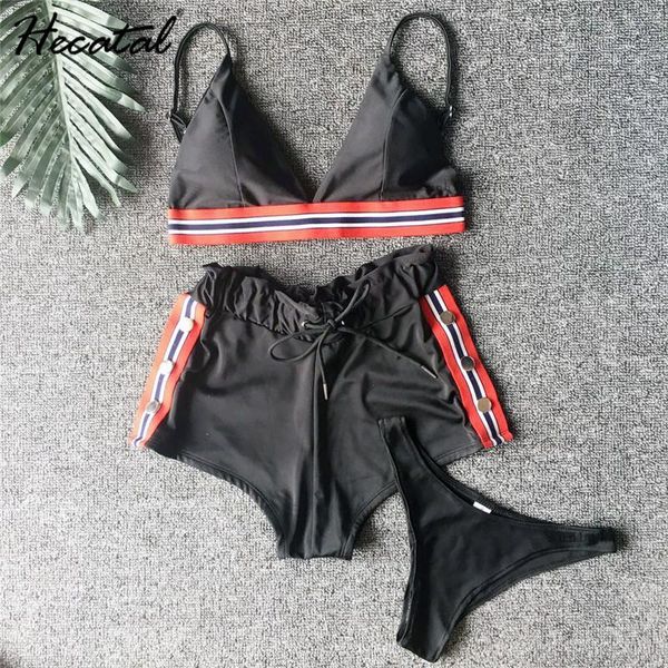 

women's swimwear hecatal bikini 2021 three-piece suit women beach sports style biquini vintage solid color split buckle female tankini, White;black