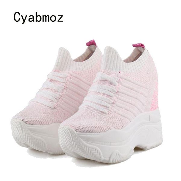 

dress shoes cyabmoz high heels woman sneakers height increasing hollow breathable platform casual ladies women tenis feminino, Black