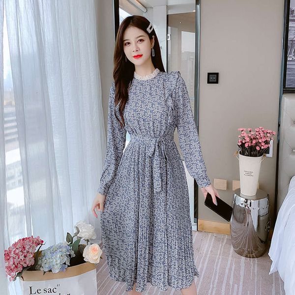 

floral dress women's 2021 spring new french close waist slim pleated long sleeve medium length chiffon skirt, Black;gray