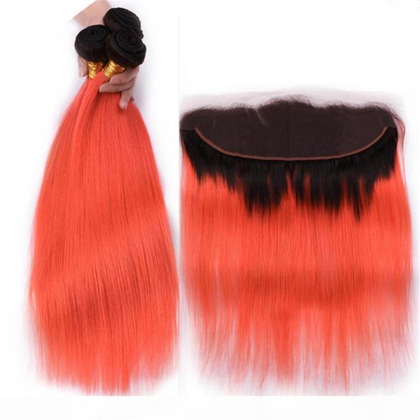 

orange ombre brazilian human hair bundle deals with lace frontal closure 13x4 straight #1b orange ombre virgin hair weaves with frontals, Black