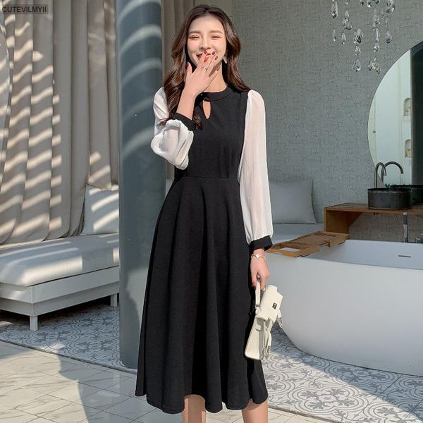 

casual dresses 2021 autumn o-neck hollow out women office black dress long sleeve patchwork lace-up female midi, Black;gray