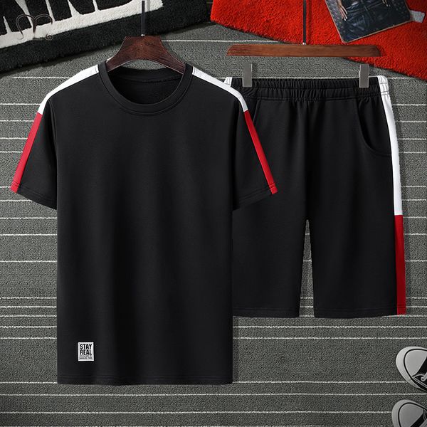 

patchwork men tracksuit set t shirt summer two pieces sporting track suit male sets printed tee shorts, Gray