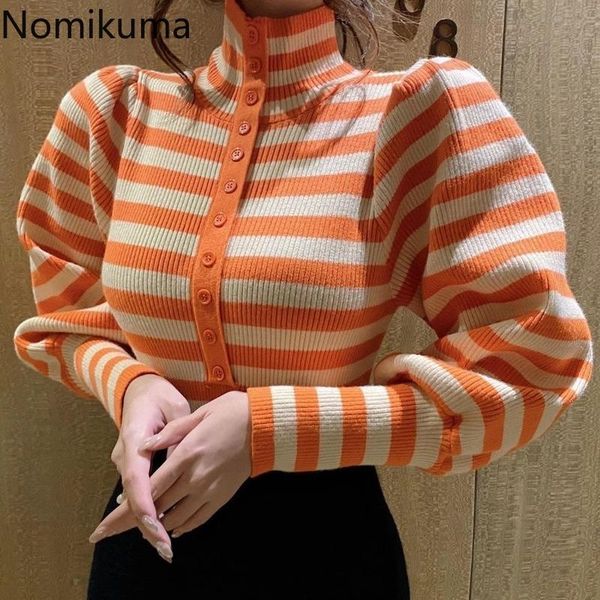 

nomikuma puff sleeve turtleneck sweater women buttons casual loose korean chic striped pullover jumpers new arrival pull femme, White;black
