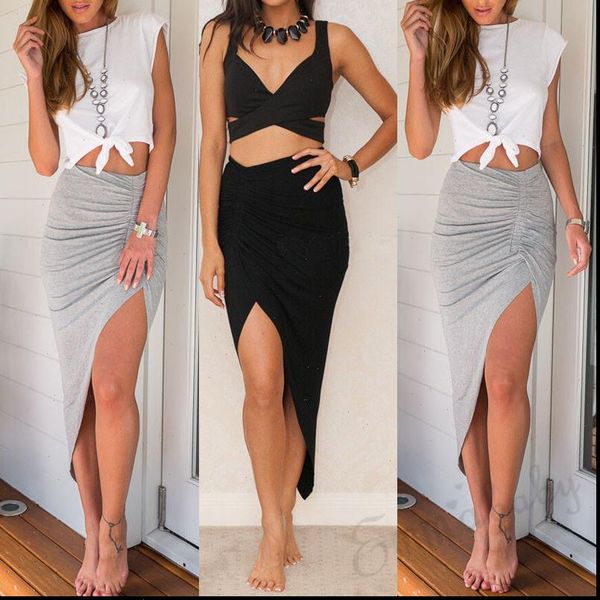 

womens wrap asymmetric skirts drape ruched party side split slit midi banded cut out high waist skirt femme streetwear, Black