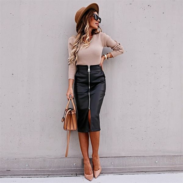 

pu women high waist slimming split office pencil front zipper faux leather brown black midi skirt d30 210309