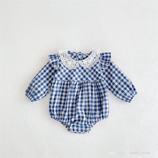 

lace baby girls romper ins spring/fall 2021 infant plaid doll collar long sleeve triangle one-piece crawling suit cute newborn jumpsuit s153, Blue