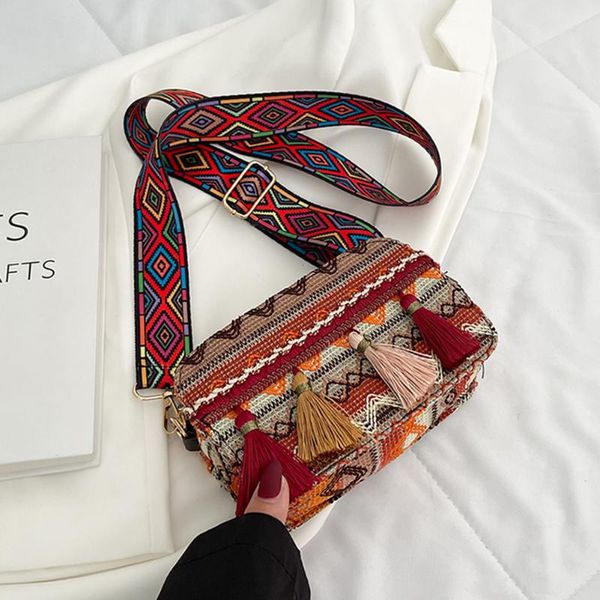 

evening bags ethnic style pu leather crossbody for women wide belt messanger bag stripes print tassel shoulder female small square