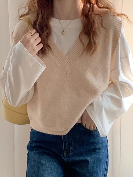 

autumn women beige sleeveless vest short loose split v neck knitted pullover sweater winter casual oversized pullover, White;black