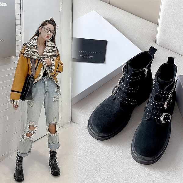

2021 rivets genuine leather booties buckle straps thick heel black ankle women boots studded decorated woman boots motorcycle