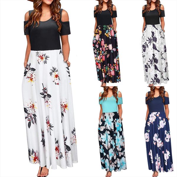

casual print ankle length women dresses bohemian plus size floral short sleeve maxi daily, Black;gray