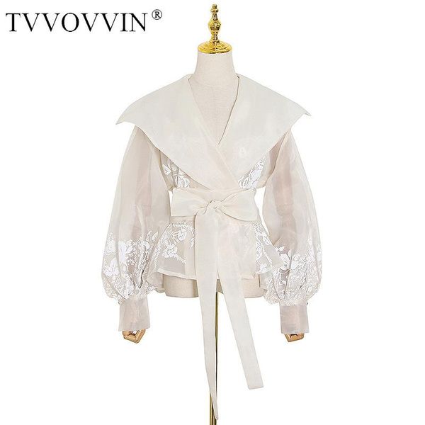 

mesh lace 2021 autumn new fashion royal style v-neck lantern sleeve high waist strap design shirt blouse uydi, White