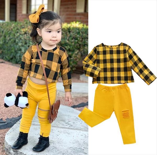 

winter autumn girls clothes sets plaid print long sleeve hole skinny pants 2pcs outfits 1 5y, White
