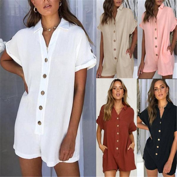 

women's jumpsuits & rompers women summer button playsuits short sleeve jumpsuit loose trouser overalls pocket romper, Black;white