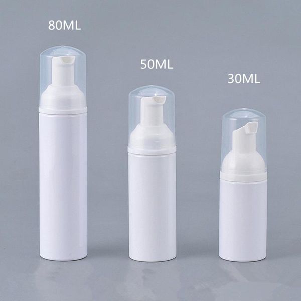 

12 x 30ml 50ml 80ml travel refillable facial cleanser pet white liquid soap foam bottle with white foamer pump