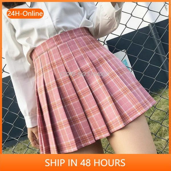 

skirts xs-3xl plaid summer women girls skirt 2021 high waist stitching student pleated cute sweet dance mini, Black