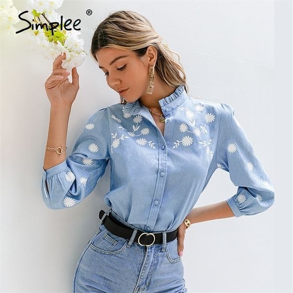 Simplee Denim Light Blue Puff Puff Window Blouse вскользь стойки воротник средней длины рукава женская рубашка весна летняя офисная блузка 210225