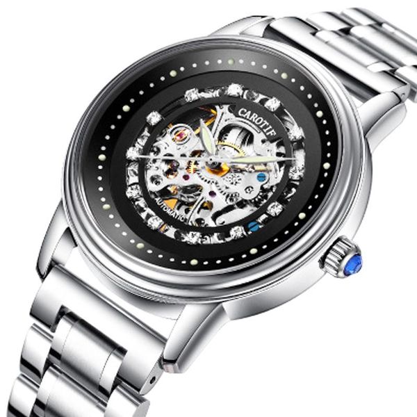 

wristwatches carotif automatic mechanical men watches montre full steel male watch reloj hombre waterproof skeleton erkek kol saati, Slivery;brown