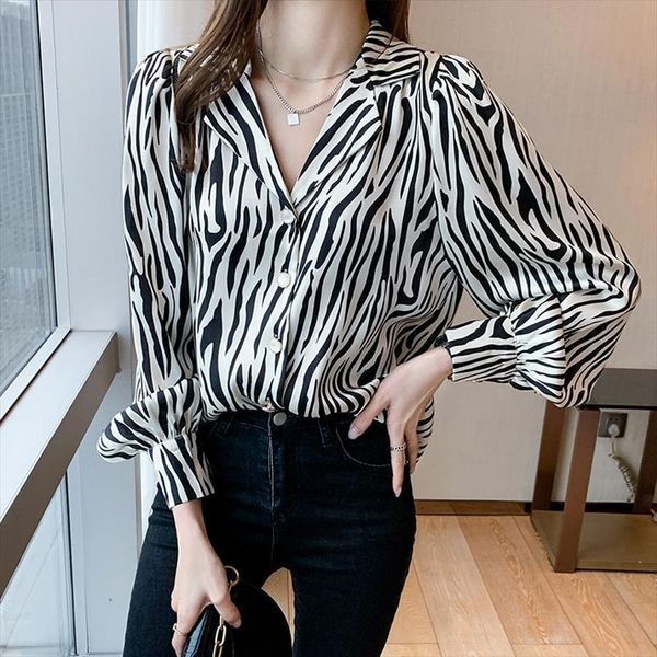

fashion chiffon zebra printing women shirts spring summer long sleeve blusas mujer, White