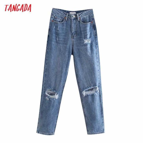 

tangada fashion women blue hollow ripped jeans pants long trousers pockets buttons female boyfriend style pants 4m183 210609