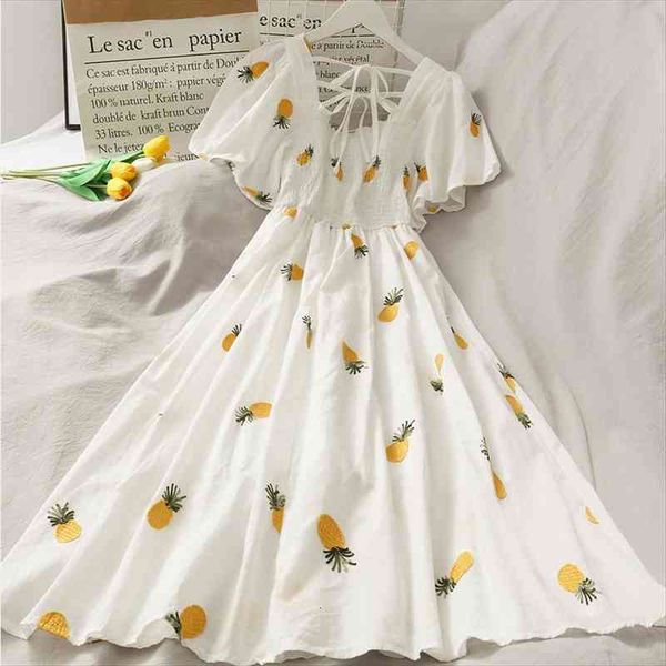 

white strawberry print women dress sweet square neck short sleeve bandage female dresses streetwear lady fashion vestido, Black;gray
