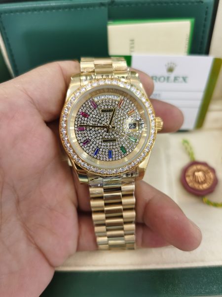 

with original box selling luxury watches wristwatch 18k yellow gold diamond dial & bezel 18038 automatic mens men's watch 5855, Slivery;brown