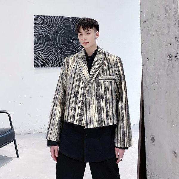 

men's suits & blazers men metal stripe casual short coat male vintage fashion japan streetwear jacket outerwear stage clothing z5vj, White;black
