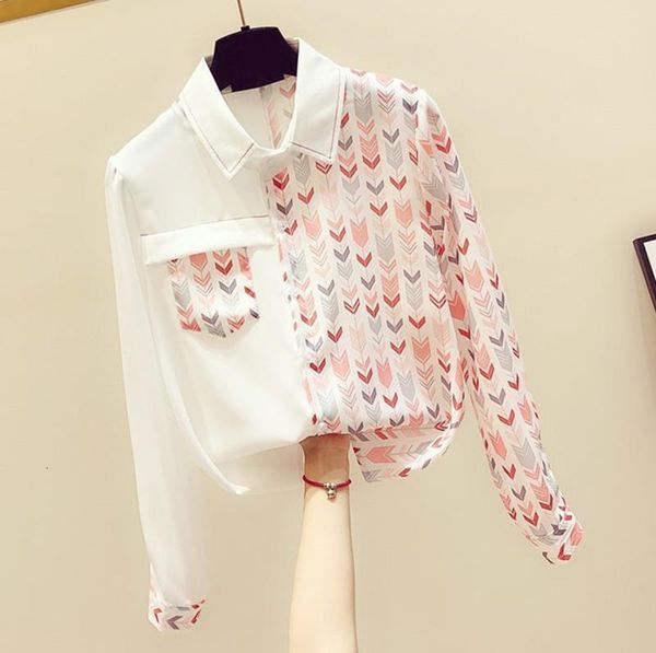 

2021 new shirts wild thin printed loose long sleeved shirt female womens one shoulder and blouses korean fashion clothing, White