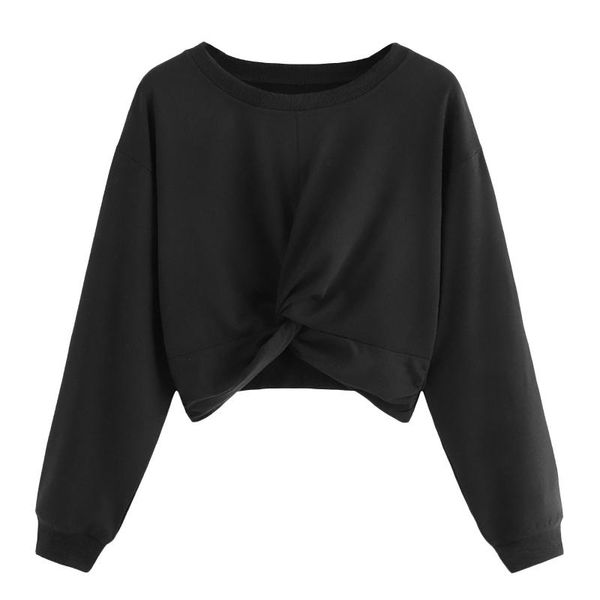 

round collar hoodie crop women girls solid bandage cropped blouse streetwear korean long sleeve pullover sweatshirt, Black