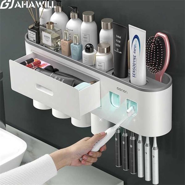 AHAWILL Porta spazzolino a punzonatura gratuito a parete Distributore automatico di spremiagrumi per dentifricio Rack di stoccaggio Accessori per il bagno 211130