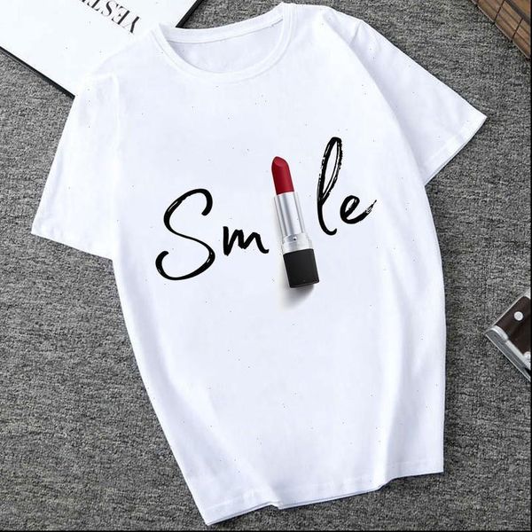 

lipstick lips print cotton tee t shirt women short sleeve round neck personality fashion casual t shirt, White