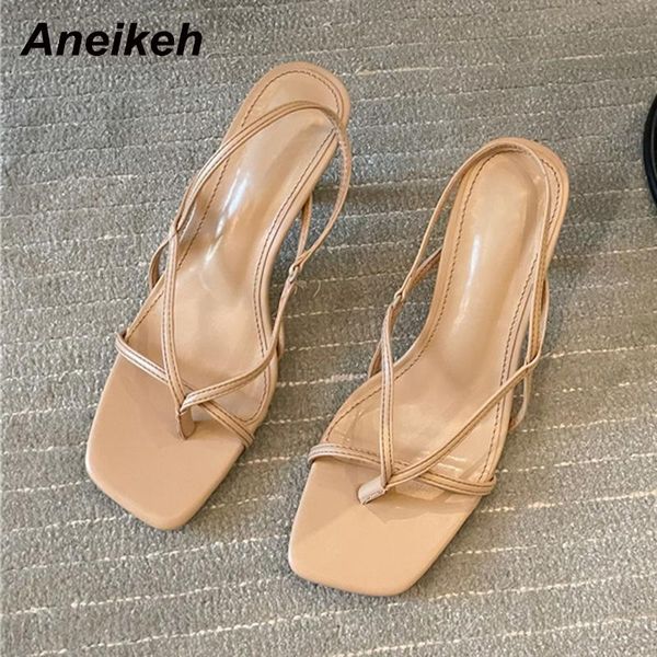 

sandals aneikeh 2021 summer women's shoes thin heels open casual shallow classics pu basic slip-on back strap concise solid casua white, Black