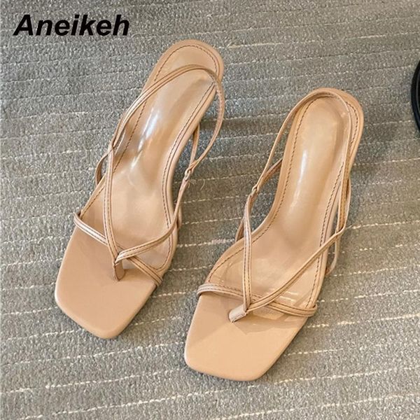 

sandals aneikeh 2021 summer women's shoes thin heels open casual shallow classics pu basic slip-on back strap concise solid casua white, Black