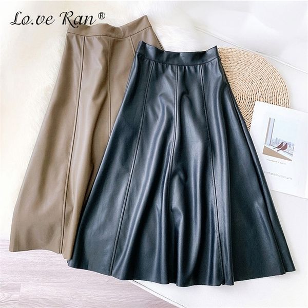 

autumn fleece pu leather skirts women elegant high waist a-line patchwork midi skirt female new winter office lady bottoms 210311, Black