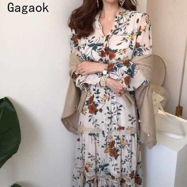 

women bohemian dress spring autumn v-neck puff sleeve empire lace floral slim chic print wild dresses 210531, Black;gray