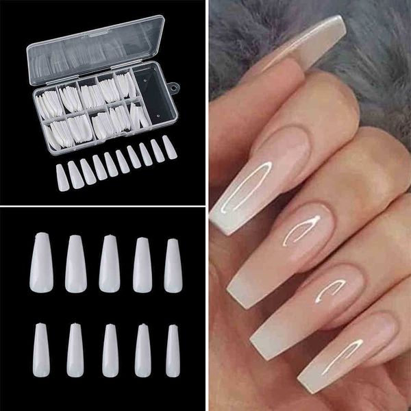 

2022fake cover 100pcs/box full nail artificial press on long ballerina clear/natural/white false coffin nails art tips manicure tool q0513, Red;gold