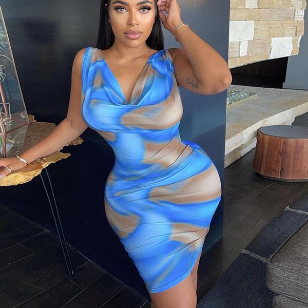 

casual dresses print dress women 2021 sleeveless mini summer fashion female streetwear outfits party short clothes blue, Black;gray