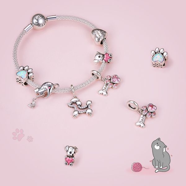 Wostu 925 Sterling Prata Animal Bead Pata Cão Cat Pegada Zircon Charm Fit Pulseira Colar Pingente Design Original Design de Jóias Q0531