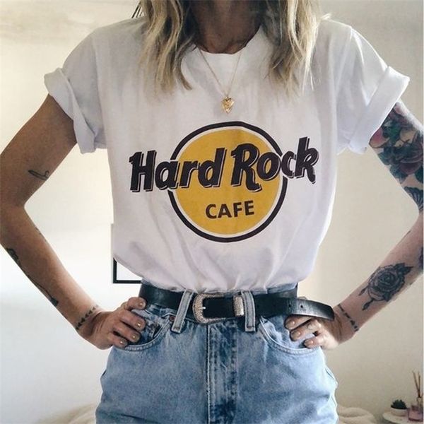 

summer hard rock cafe letter print t shirt women's grunge aesthetic short sleeve casual kawaii harajuku tees 210306, White