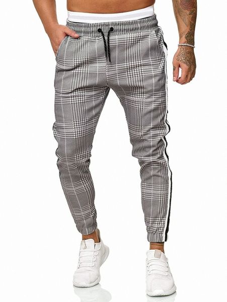 

men plaid side stripe drawstring waist joggers 376b#, Black