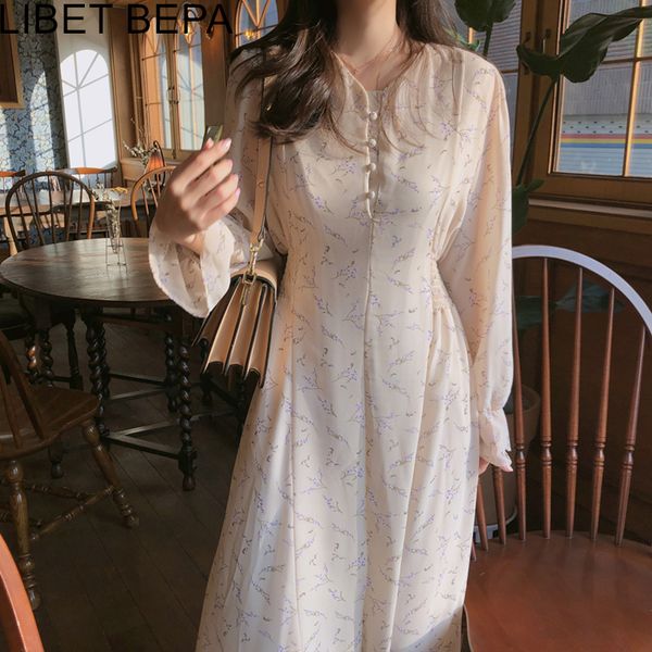 

new spring summer women dress printed floral elegant puff sleeve v-neck elastic waist high female chiffon dresses dr1205 210309, Black;gray