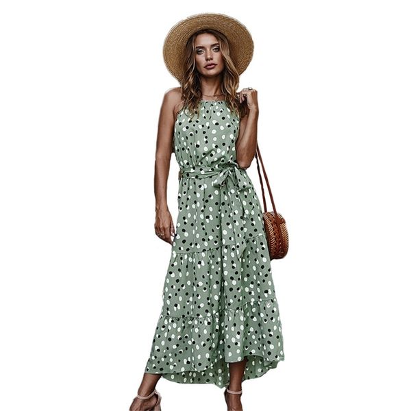 Polka Dot Urlaub Kleid Frauen Sommer Mode Böhmen Stil Verband Gürtel Halter Schlank Lose Lange Dressses Weibliche LR1273 210531