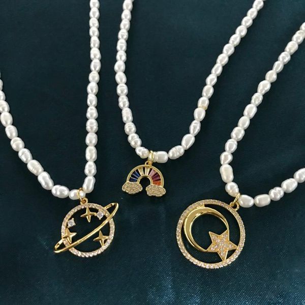 

pendant necklaces pearl necklace for women gold star moon charms planet neck chain cz copper fashion jewelry 2021, Silver