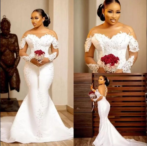 Африканские нигерийские элегантные атласные свадебные платья с русалкой больших размеров, платья с прозрачным вырезом и кристаллами из бисера, кружевное свадебное платье с длинными рукавами и аппликацией Robe de mari￩e