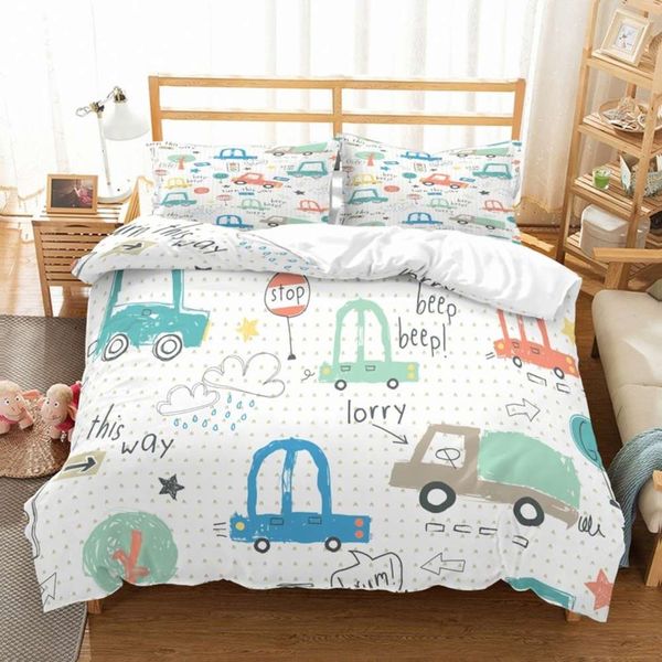 

cartoon vehicle bedding set cars motor kids duvet cover set 3d microfiber bed linen with pillowcase set 2/3pcs home bedcloth