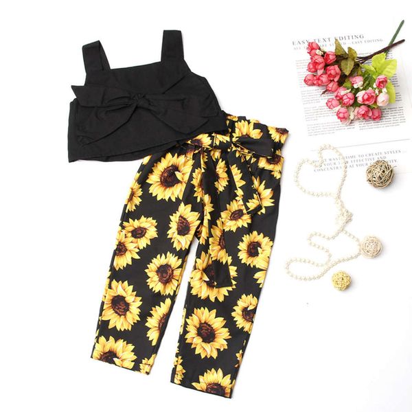 

wear summer children's new girls' short vest sunflower trousers suit, White