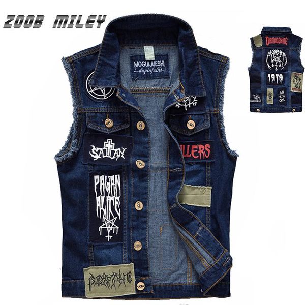 

men's vests classic vintage jeans vest sleeveless jackets fashion patch designs punk rock style ripped cowboy frayed denim tanks, Black;white