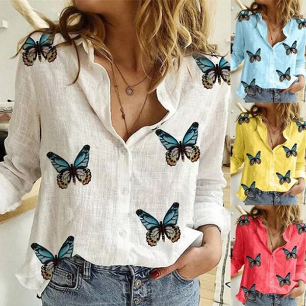 

fashion butterfly print women blouses long sleeve turn-down collar blouse shirt casual elegant work shirt, White