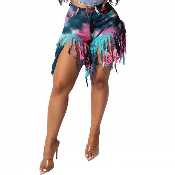 

tie dye jeans for the skinny ripped tassel pants 2021 summer new mode arriving sweet street style denim short ue4m, Blue